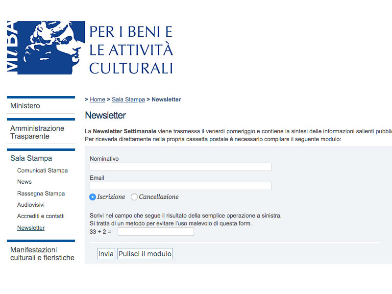 Screenshot: Ministero per i beni e le attività culturali